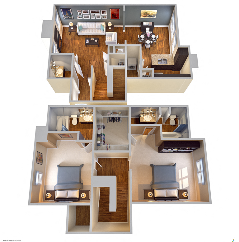 Floor plan for 2 beds, 2 baths, 1335 sqft